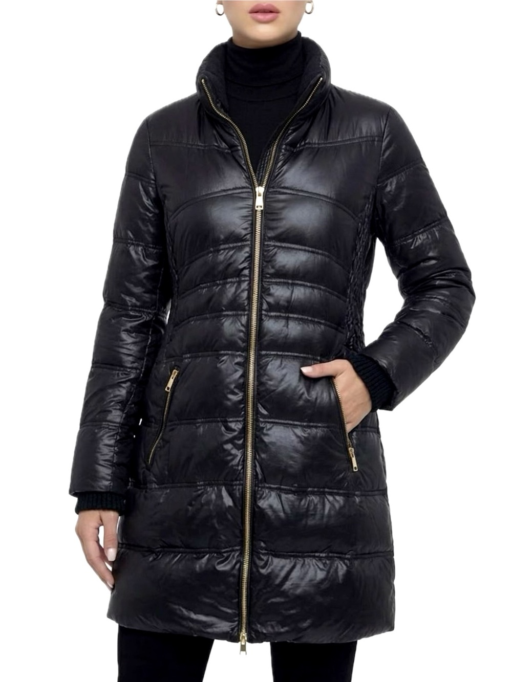 Via Spiga Black Down Quilted Puffer Coat Size Small Sweater Rib Mix Long Jacket
